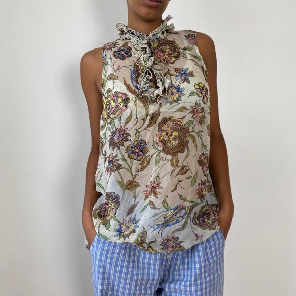 Vintage Italian Sheer Mesh Ruffle-Neck Floral Tunic Top (M/L) - Picture 1 of 8
